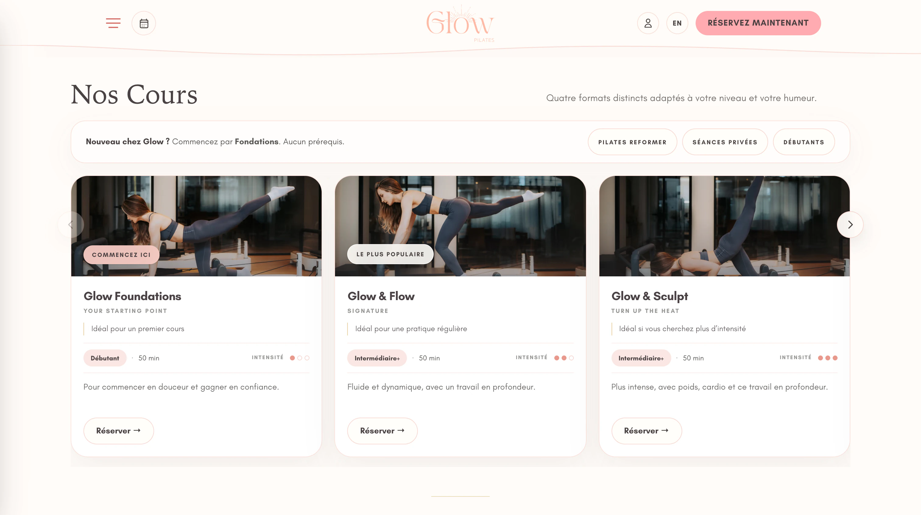 Interface des cours Glow Pilates conçue par Luxmotion